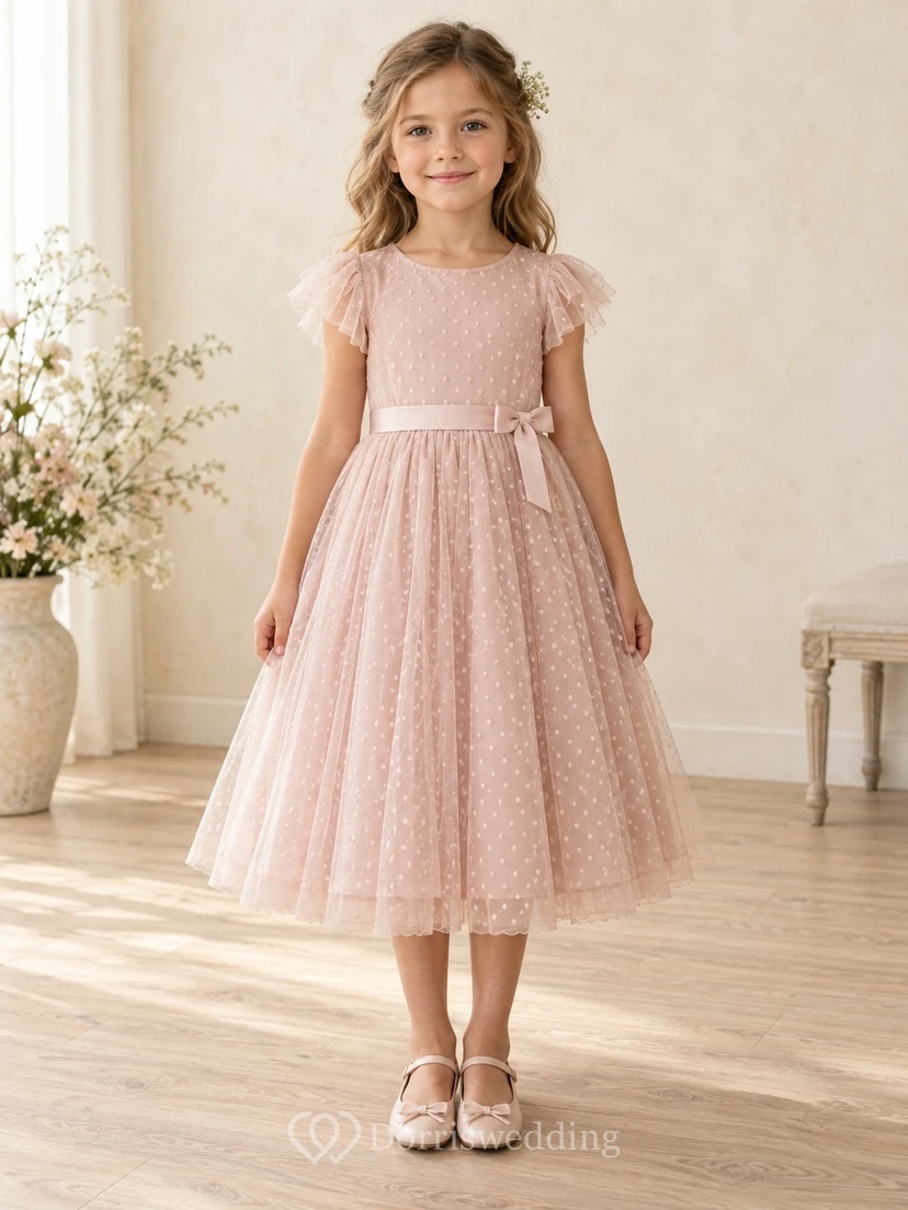Modest Tea-length Pearl Pink Flutter Sleeve Dotted Tulle Sash Flower Girl Dress