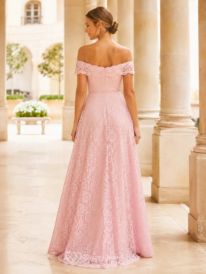 Blush Lace Off Shoulder Short Sleeve Evening Gown view 2
