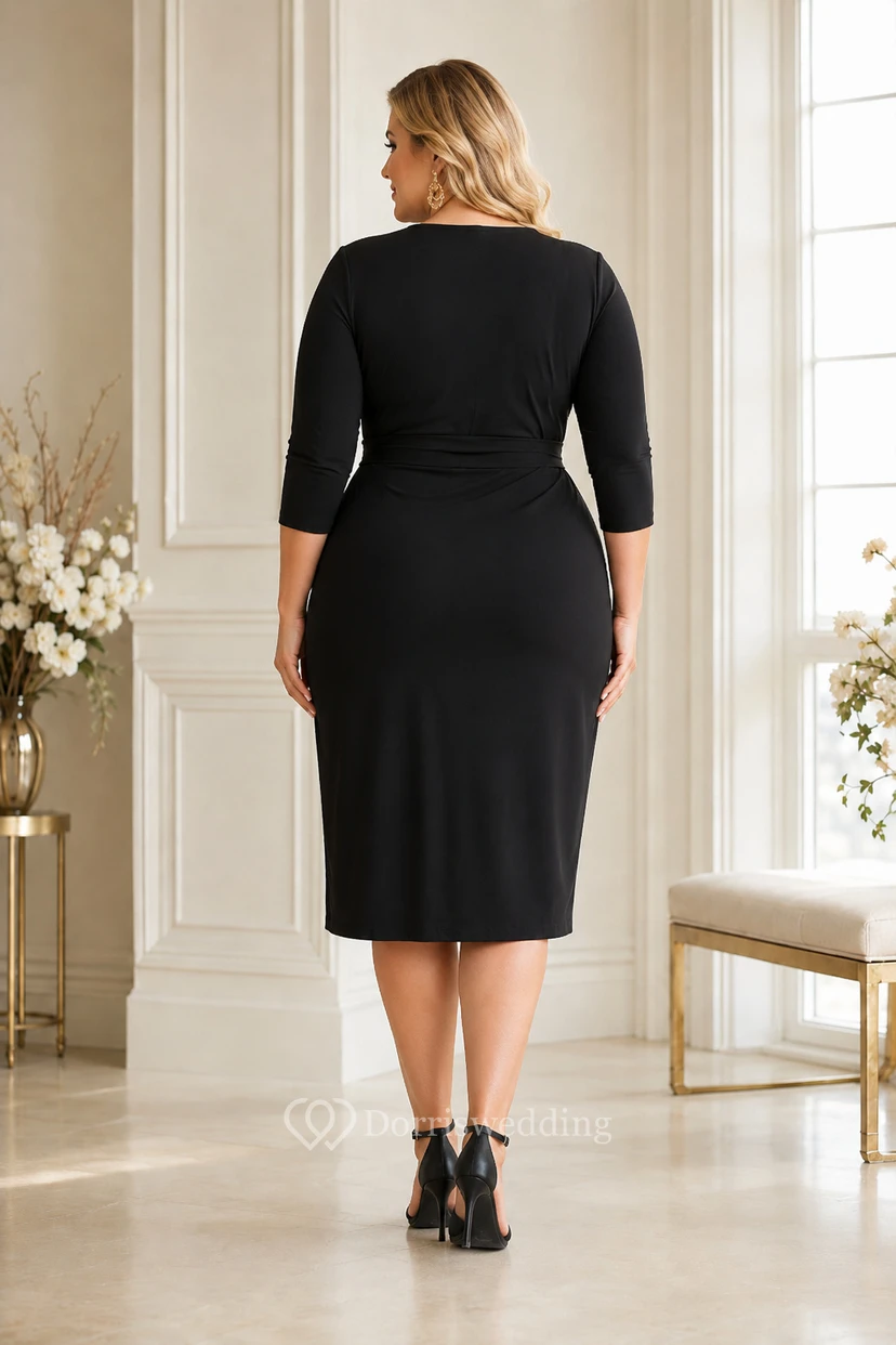 Plus Size Black Sheath Wrap Guest Dress with V-Neck Three Quarter Sleeves view 2