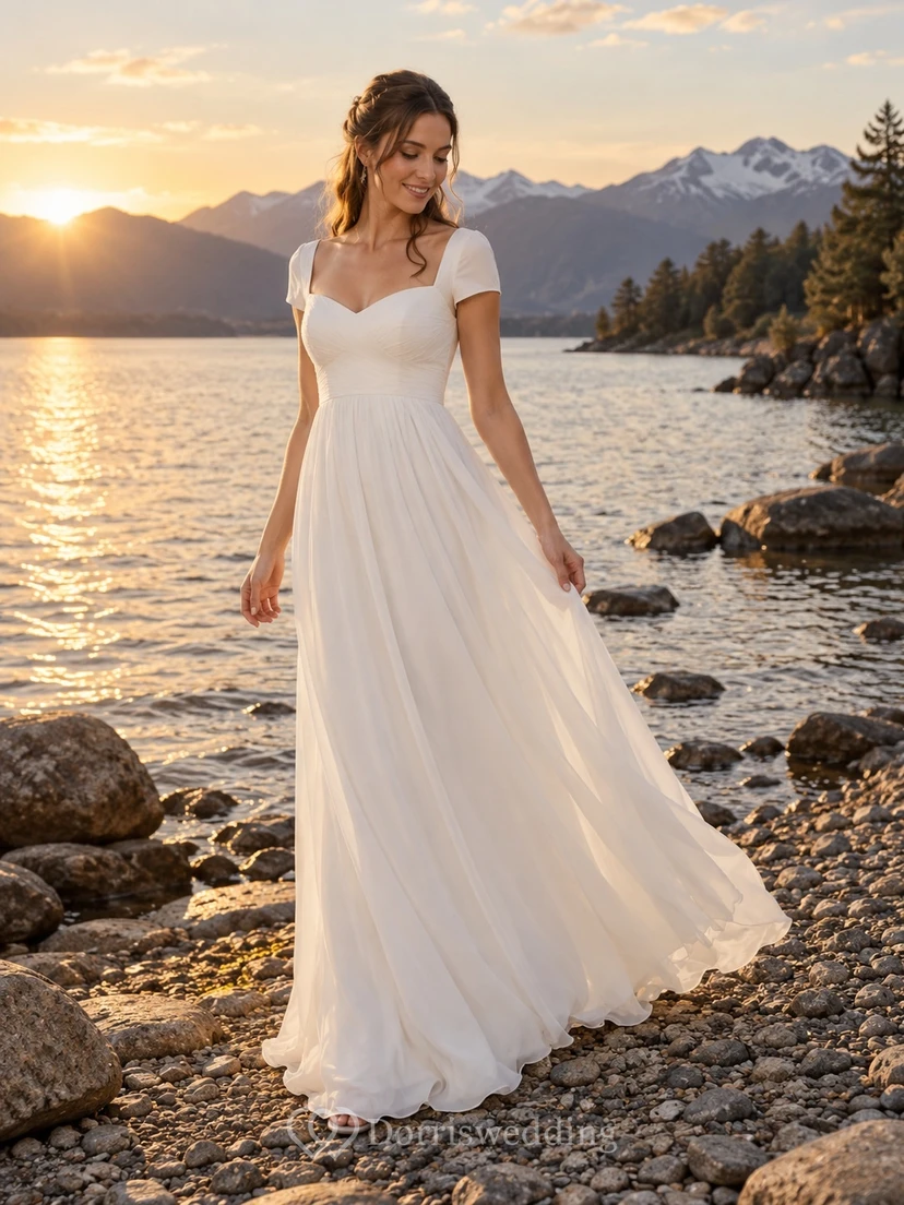 Vestido de novia de gasa de corte A con escote corazón, manga corta, corpiño fruncido y falda fruncida.