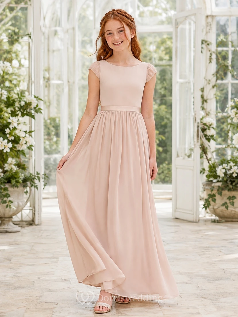 Elegantes champagnerfarbenes Chiffonkleid mit kurzen Ärmeln, Strasssteinen, A-Linie und bodenlangem Schnitt für junge Brautjungfern