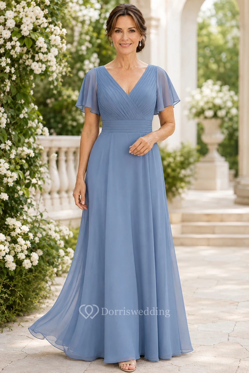 Stahlblaues Chiffon-Kleid in A-Linie mit V-Ausschnitt und Volantärmeln