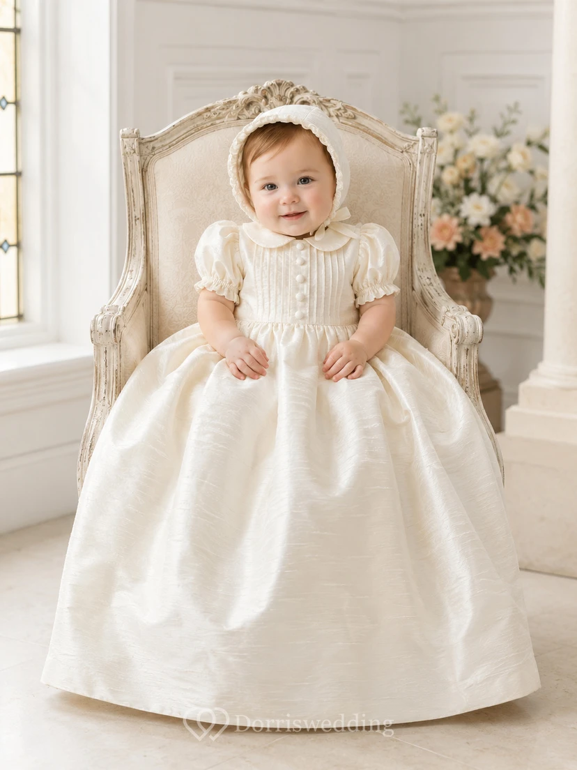 Vestido de bautizo de seda dupioni, corte A, manga corta, corpiño de encaje, estilo vintage, elegante y adorable, con detalles de joyas.