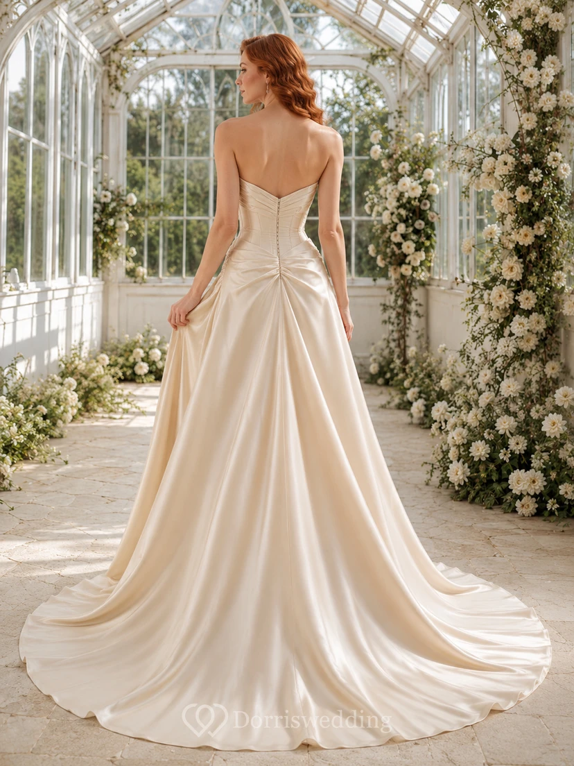 Robe de mariée asymétrique en satin drapé à une épaule, coupe ajustée. view 2