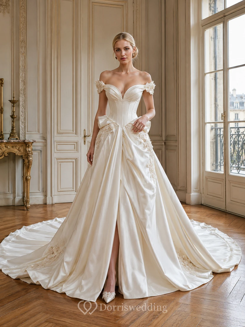 Robe de bal en satin et dentelle à épaules dénudées, fendue sur le devant, style chapelle