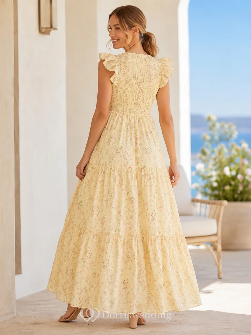 Daffodil Floral Maternity V-Neck Ruffle Sleeve Tiered Ankle Summer Dress view 2