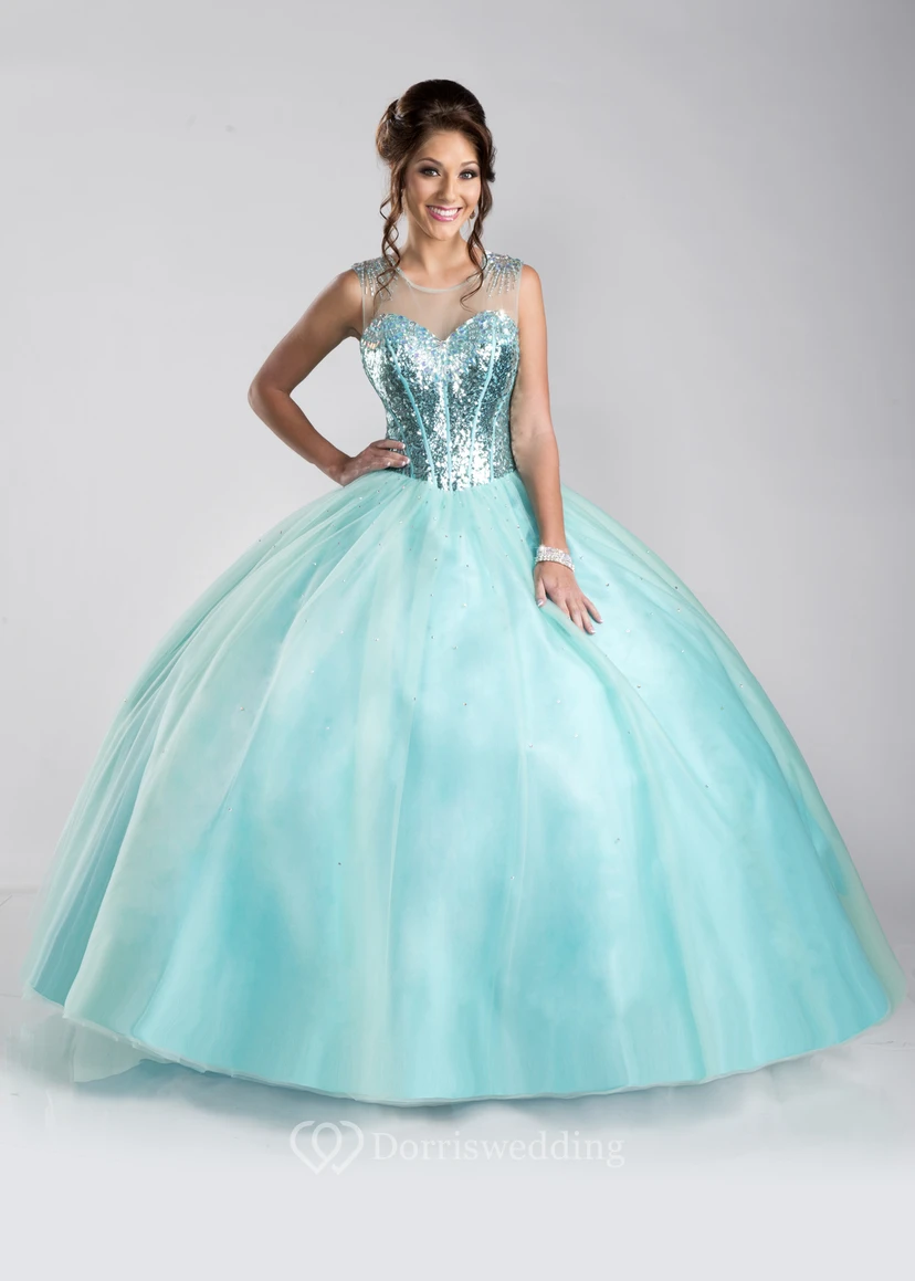 Tulle A-Line Sleeveless Ball Gown With Sequined Bodice And Keyhole Back