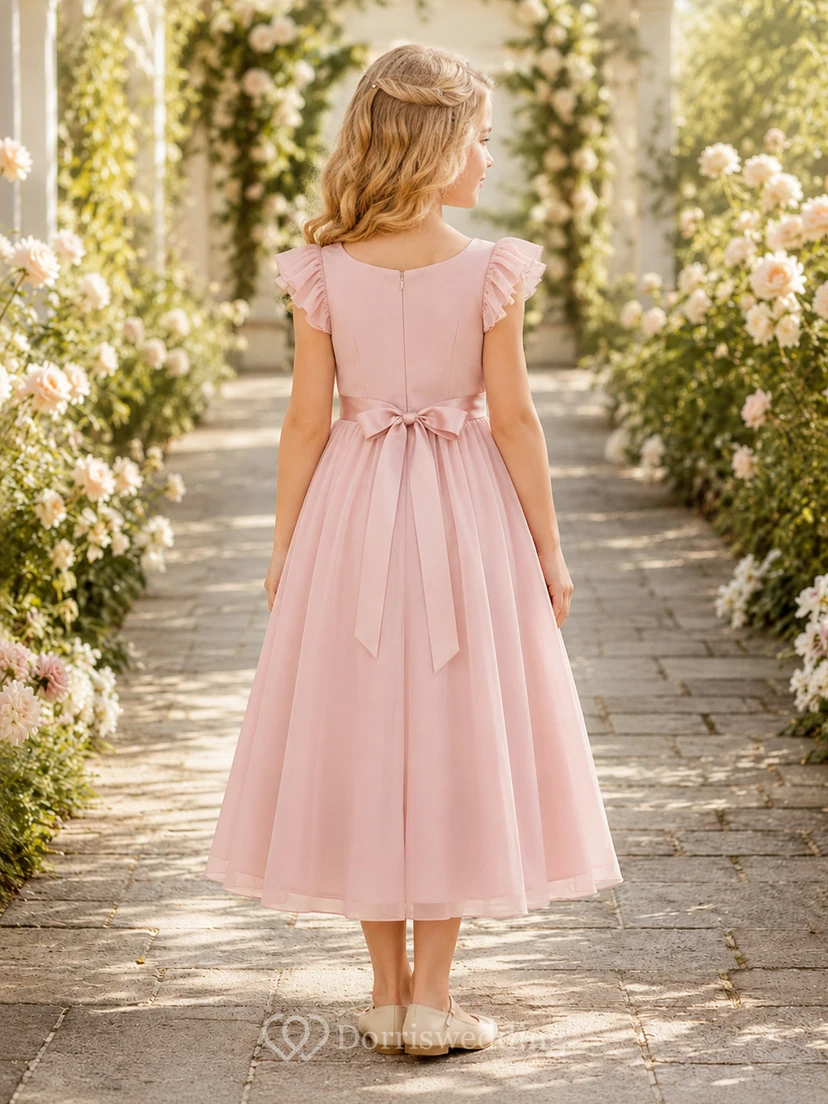 Blumenmädchenkleid aus rosafarbenem Chiffon, A-Linie, mit flatternden Ärmeln, Rundhalsausschnitt, wadenlang view 2
