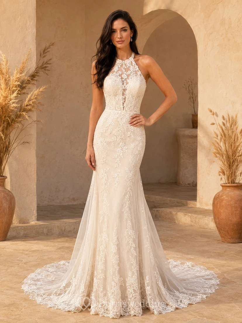 Vestido de novia bohemio de encaje con escote en V, sin mangas y cola de sirena.