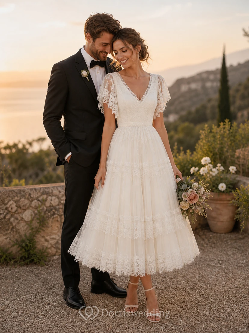 Teelanges Boho-Brautkleid mit flatternden Spitzenärmeln, V-Ausschnitt und gestuftem Tüllrock view 3