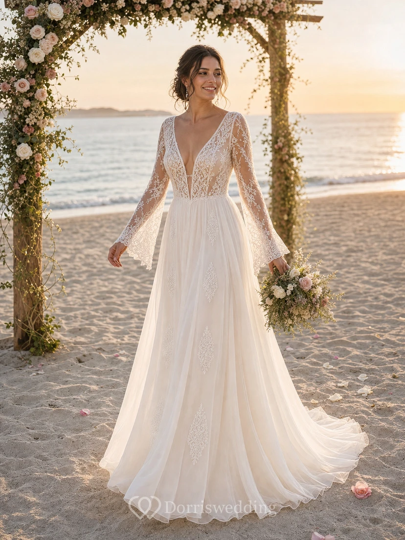 Bohemianisches A-Linien-Brautkleid aus Tüll, bodenlang, langärmelig, rückenfrei und gerafft view 10