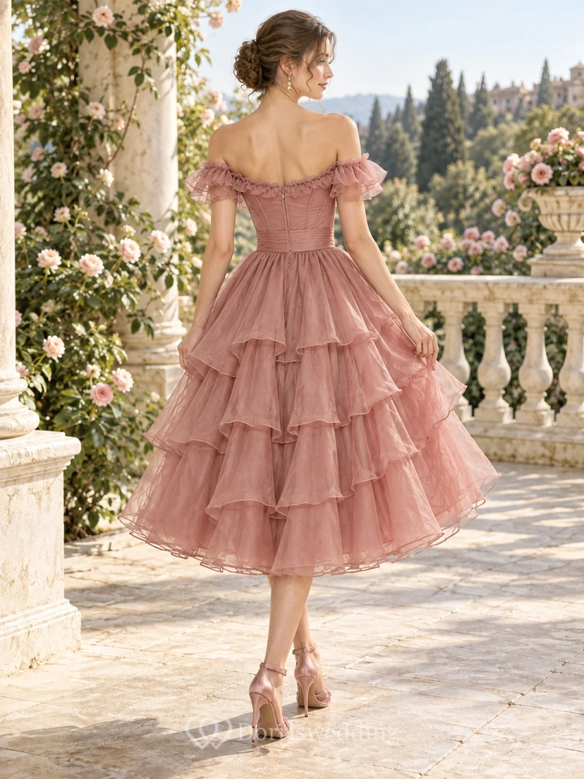 Tea-length Vintage Dusty Rose Off Shoulder Tiered Ruffle Prom Dress view 2