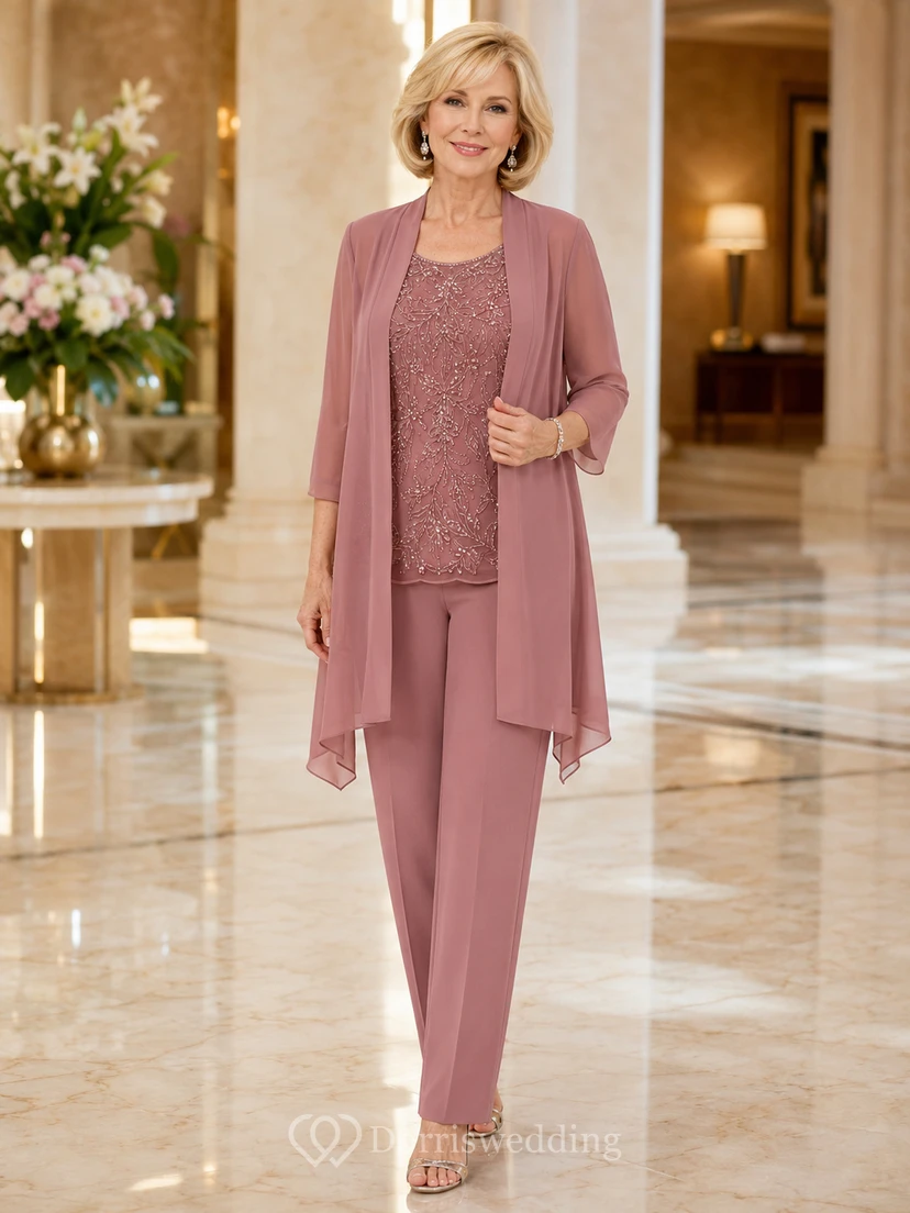 Mono rosa empolvado de Mauve Ensemble, largo hasta los tobillos, escote redondo, manga tres cuartos, gasa, vestido modesto para madres.