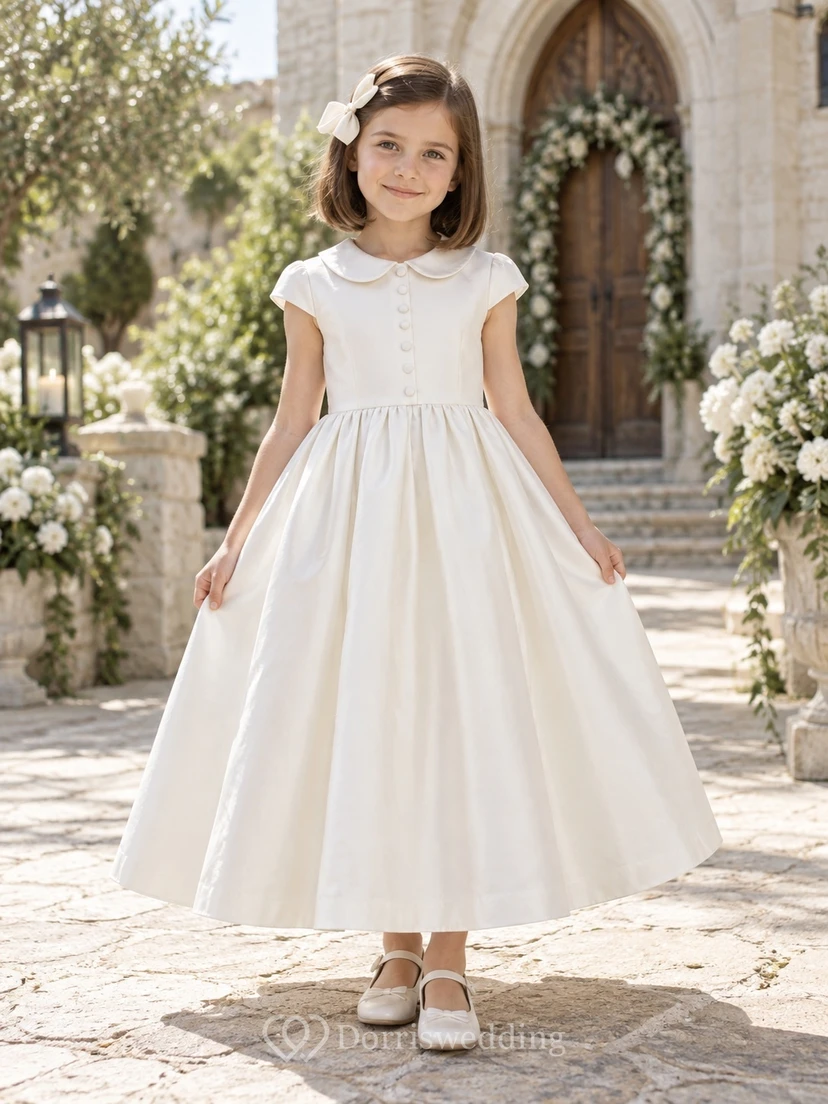 Simple White Ankle-length Peter-Pan-collar Cap-sleeve Button-front Unbanded Gathered Zipper-back A-line Flower Girl Dress