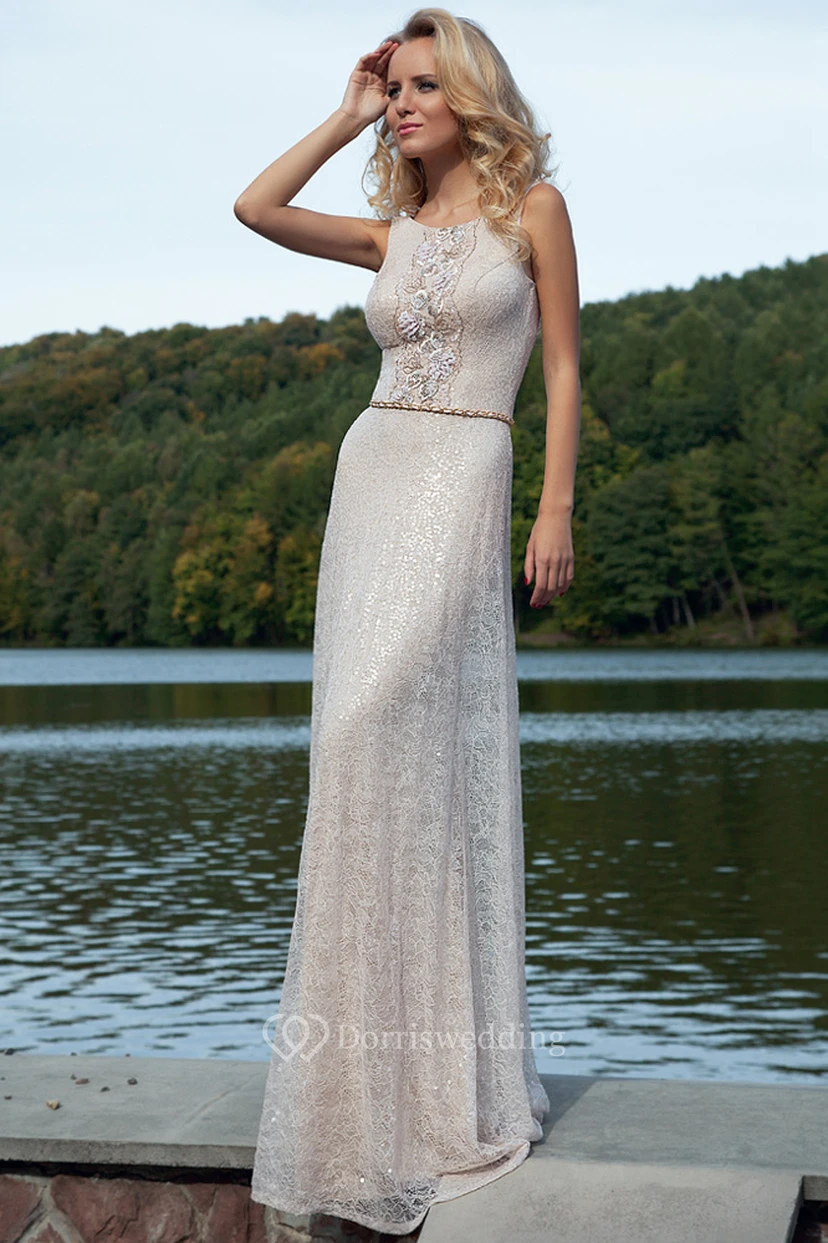 Sheath Sleeveless Scoop Appliqued Floor-Length Lace Prom Dress