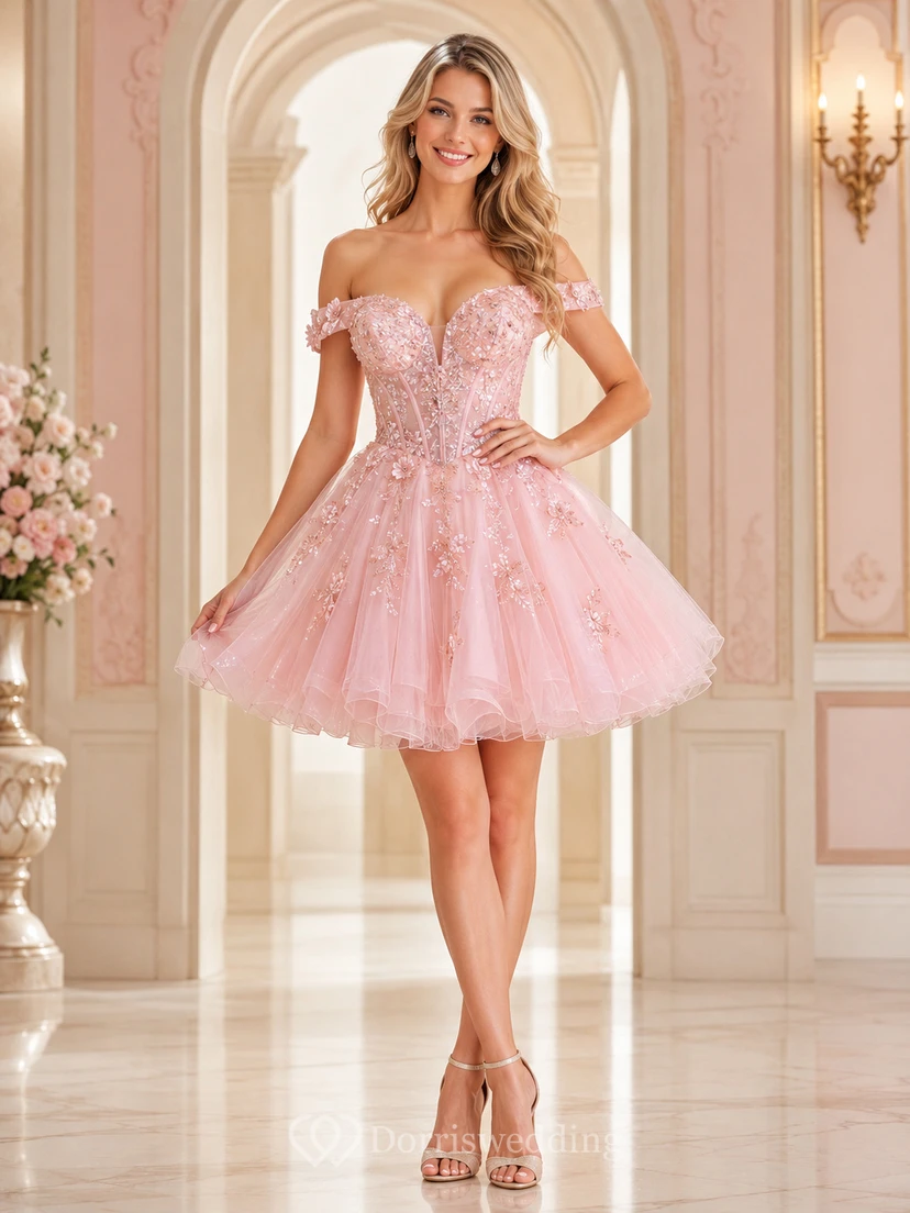 Blushing Pink Off-Shoulder Sweetheart Beaded Tulle Homecoming Dress Luxury Celebrity
