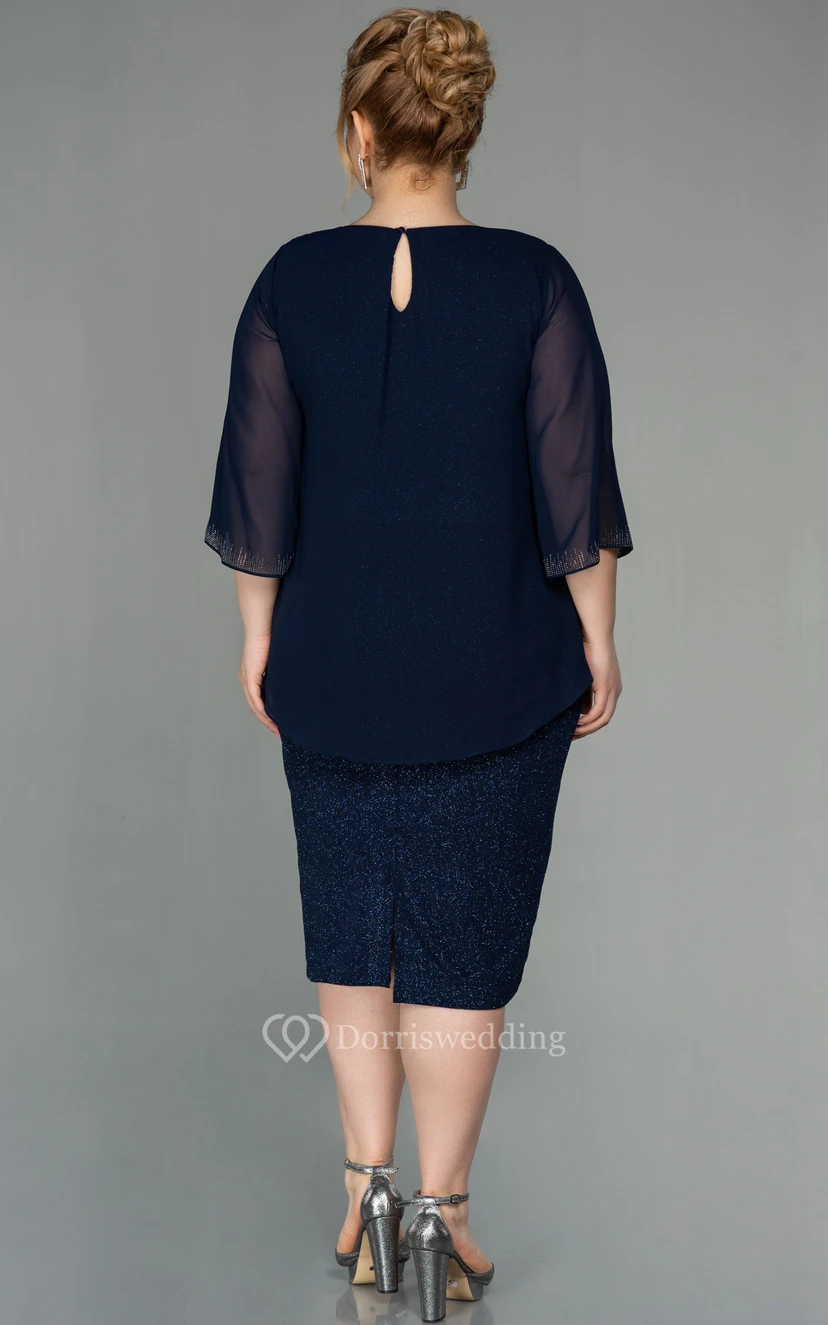 Bateau-neck Long Sleeve Pencil Knee-length Sequin Plus Size Mother of Bride Dress view 2