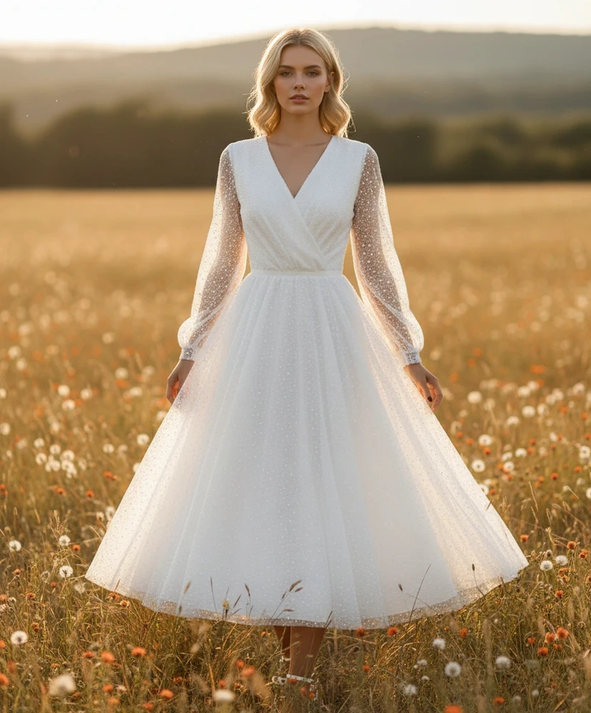 Robe de mariée champêtre vintage à manches longues et paillettes, longueur thé view 3