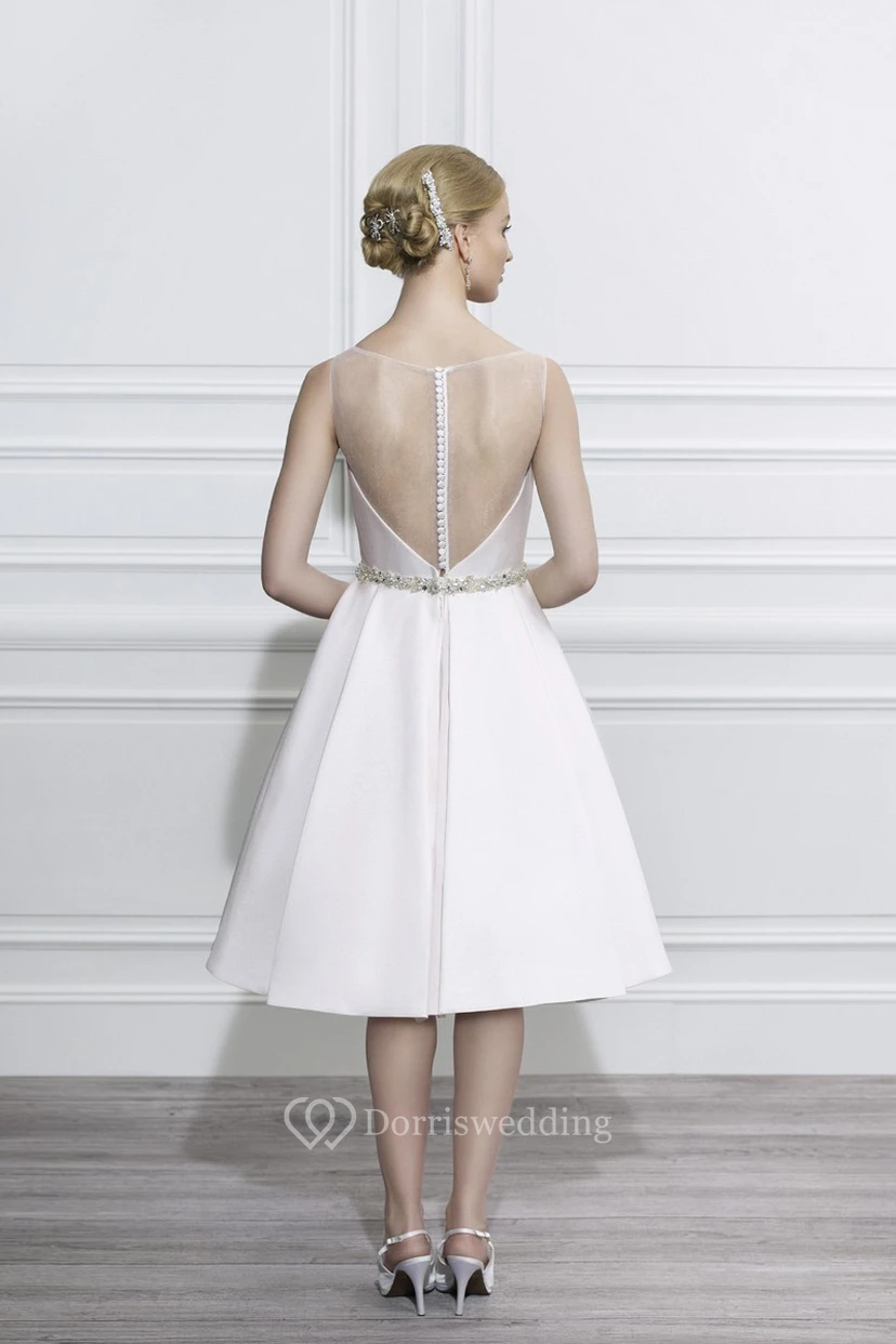 Scoop Midi Jeweled Satin Wedding Dress With Illusion view 2