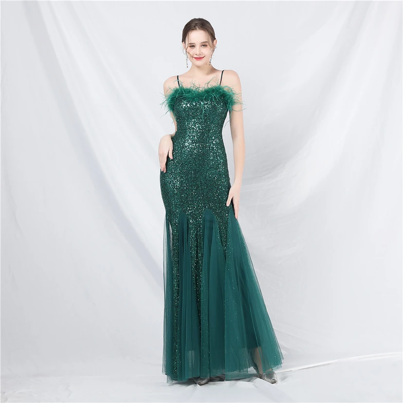 Craft Ostrich Feather Mesh Sequined Long Evening Dress view 29