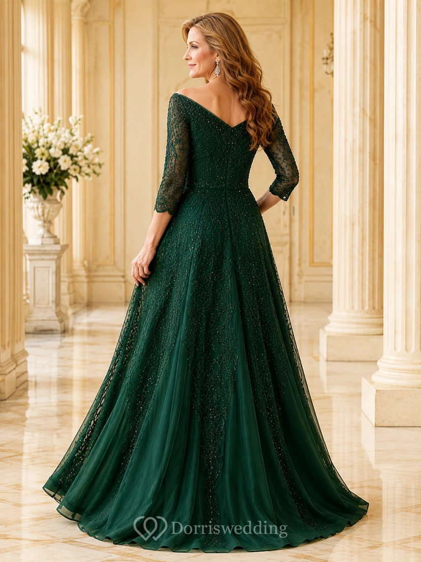 Dunkelgrünes, bodenlanges Abendkleid mit V-Ausschnitt, Dreiviertelärmeln aus Spitze und A-Linie view 2