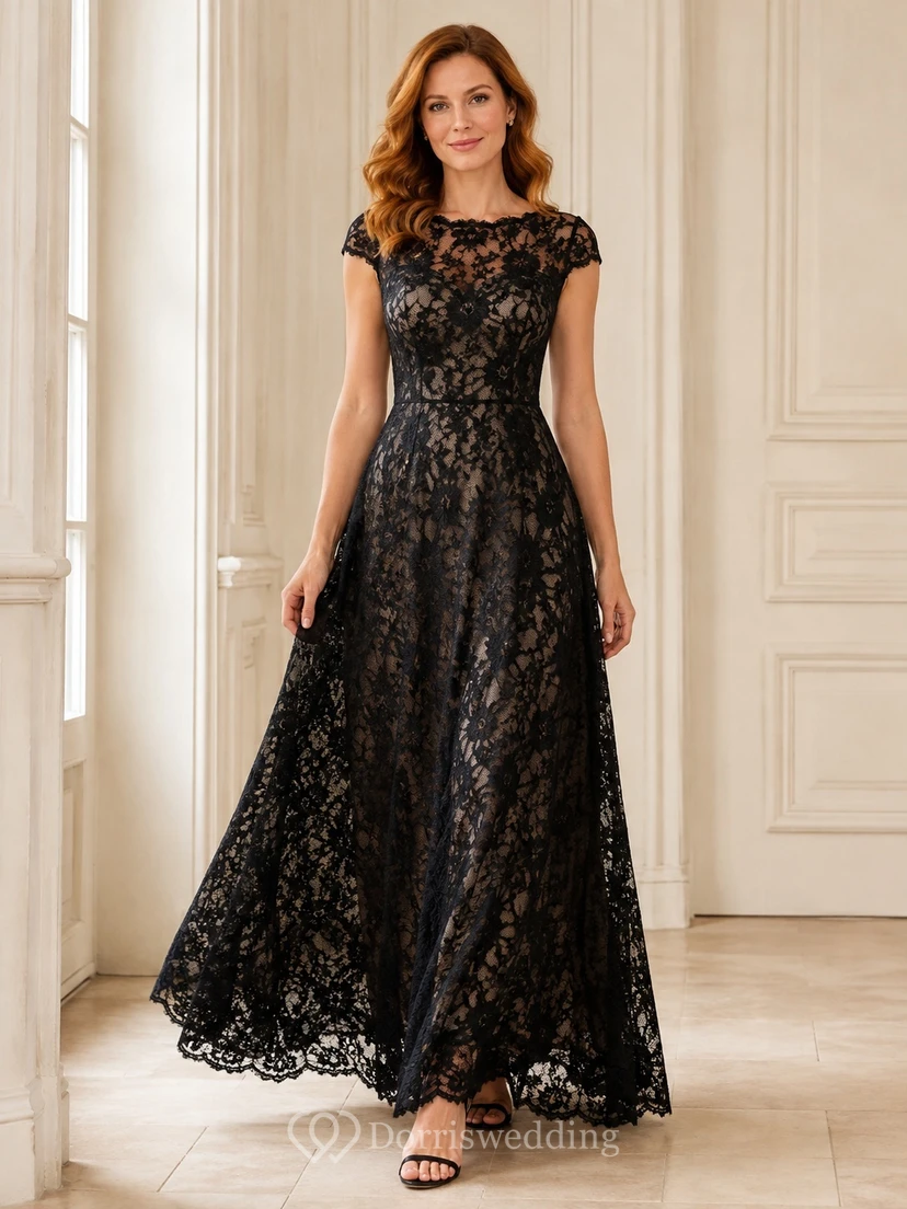 Vintage Black Cap Sleeve Bateau Lace A-Line Ankle-Length Formal Evening Dress