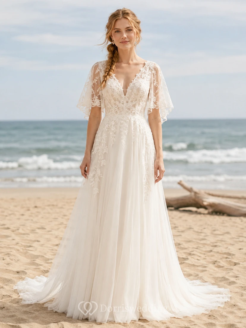 Beach Lace Tulle Wedding Dress A-Line V-Neck Cap Sleeve Sweep Train Bridal Gown