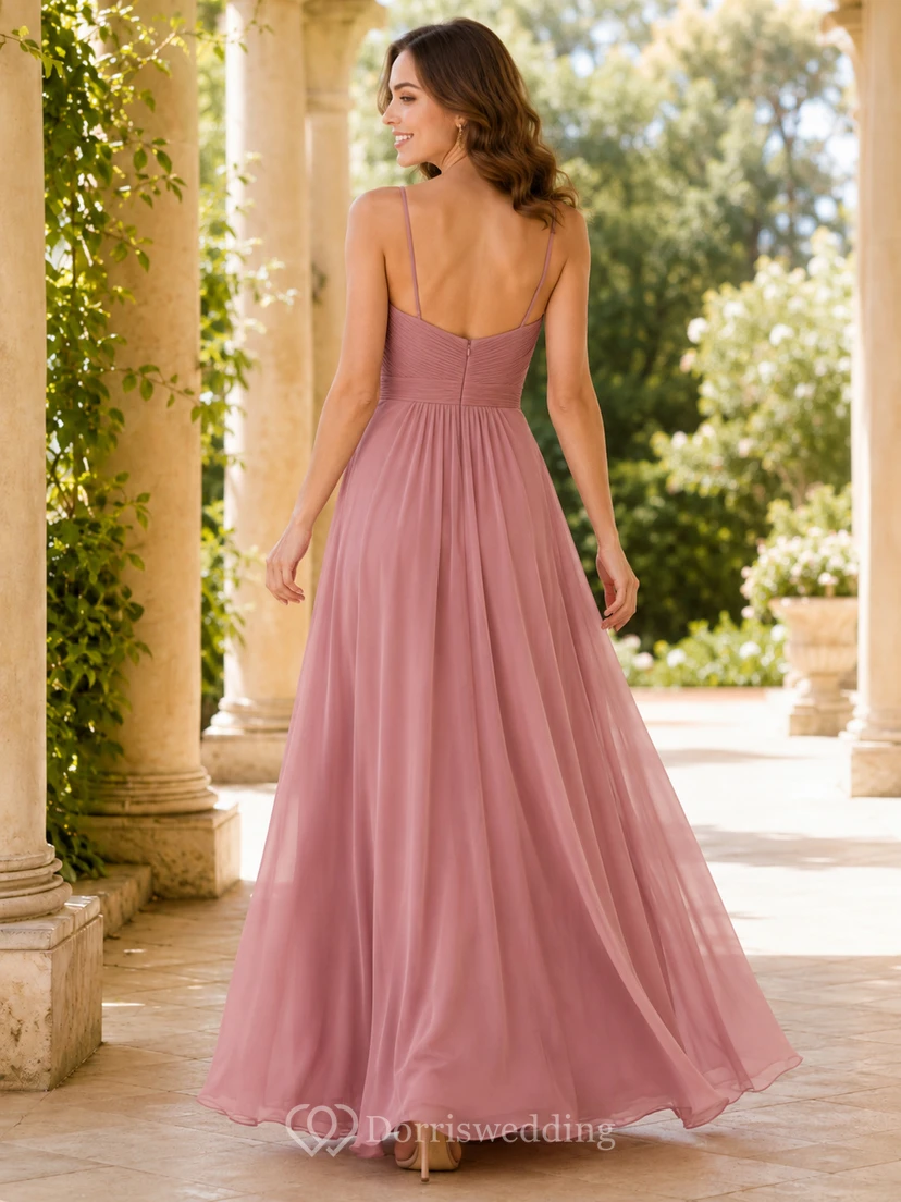 Altrosa Spaghettiträger-Kleid mit V-Ausschnitt, plissiertem Chiffon, A-Linie, bodenlang view 2