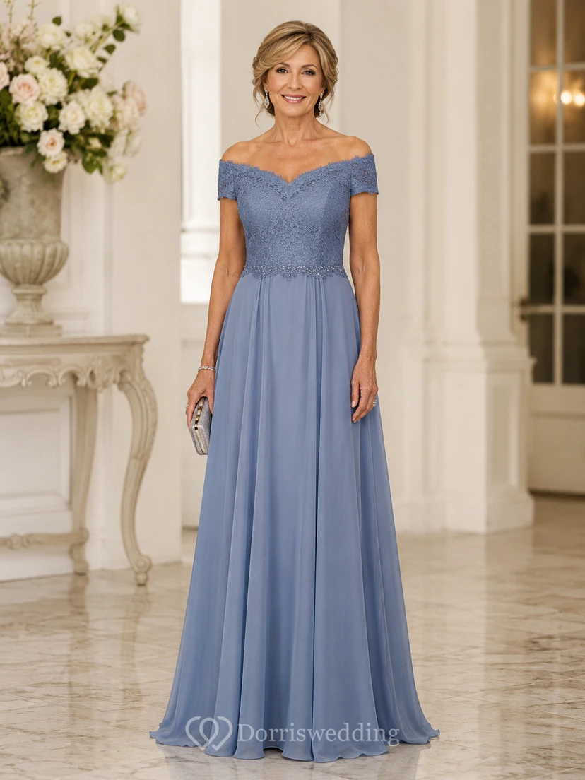 Steel Blue Off Shoulder Mother Gown Steel Blue Off-the-shoulder A-Line Floor-length