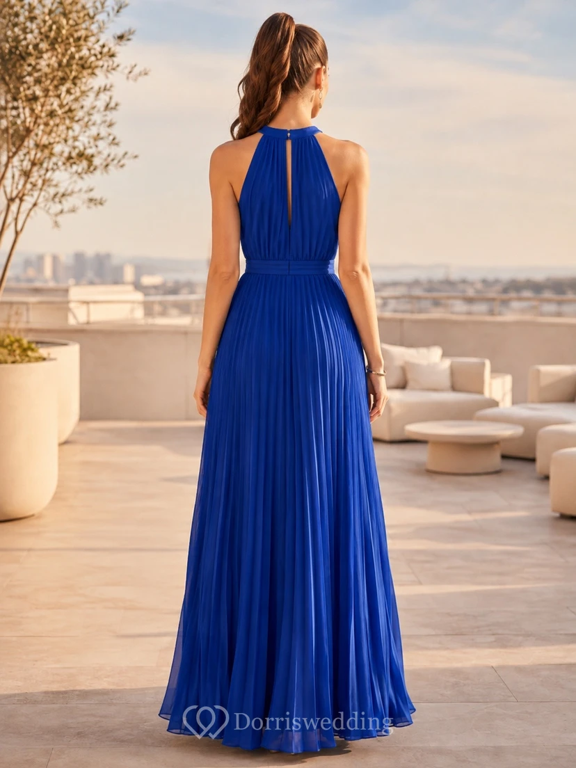 Royal Blue Elegant Modern Halter Sleeveless Chiffon Draped A-Line Floor-Length Formal Dress view 2