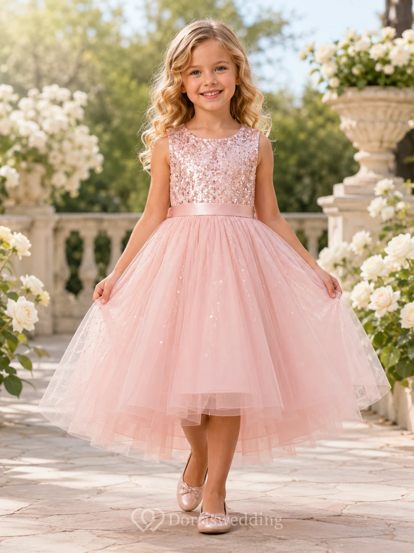 Blush Sequined Tulle Sleeveless A-Line Flower Girl Party Tea-Length Bow Dress