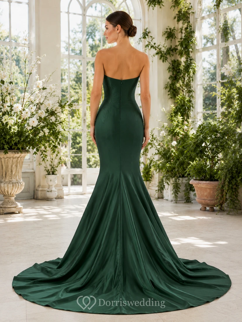 Modern Dark Green Strapless Sweetheart Satin Mermaid Sweep Train Wedding Gown view 2