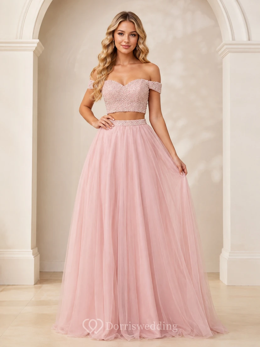 Zweiteiliges, rosafarbenes, schulterfreies Pailletten-Crop-Top aus Tüll in A-Linie, bodenlang, modernes Ballkleid