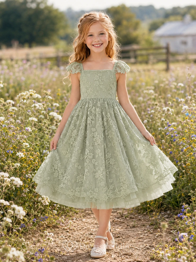 Robe de demoiselle d'honneur en dentelle sauge, coupe trapèze, manches courtes, col rond, longueur midi
