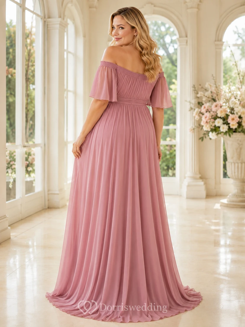 Dusty Rose Plus Size Maternity Off-Shoulder Flutter Sleeve Chiffon Formal Gown view 2