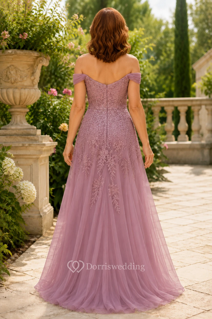 Dusty Rose Off Shoulder Tulle A-Line Mother Dress With Lace Appliques view 2