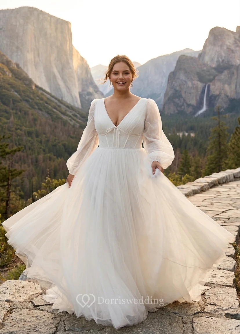 Plus Size Tüll-Hochzeitskleid mit V-Ausschnitt, Bischofsärmeln und Korsett-Oberteil
