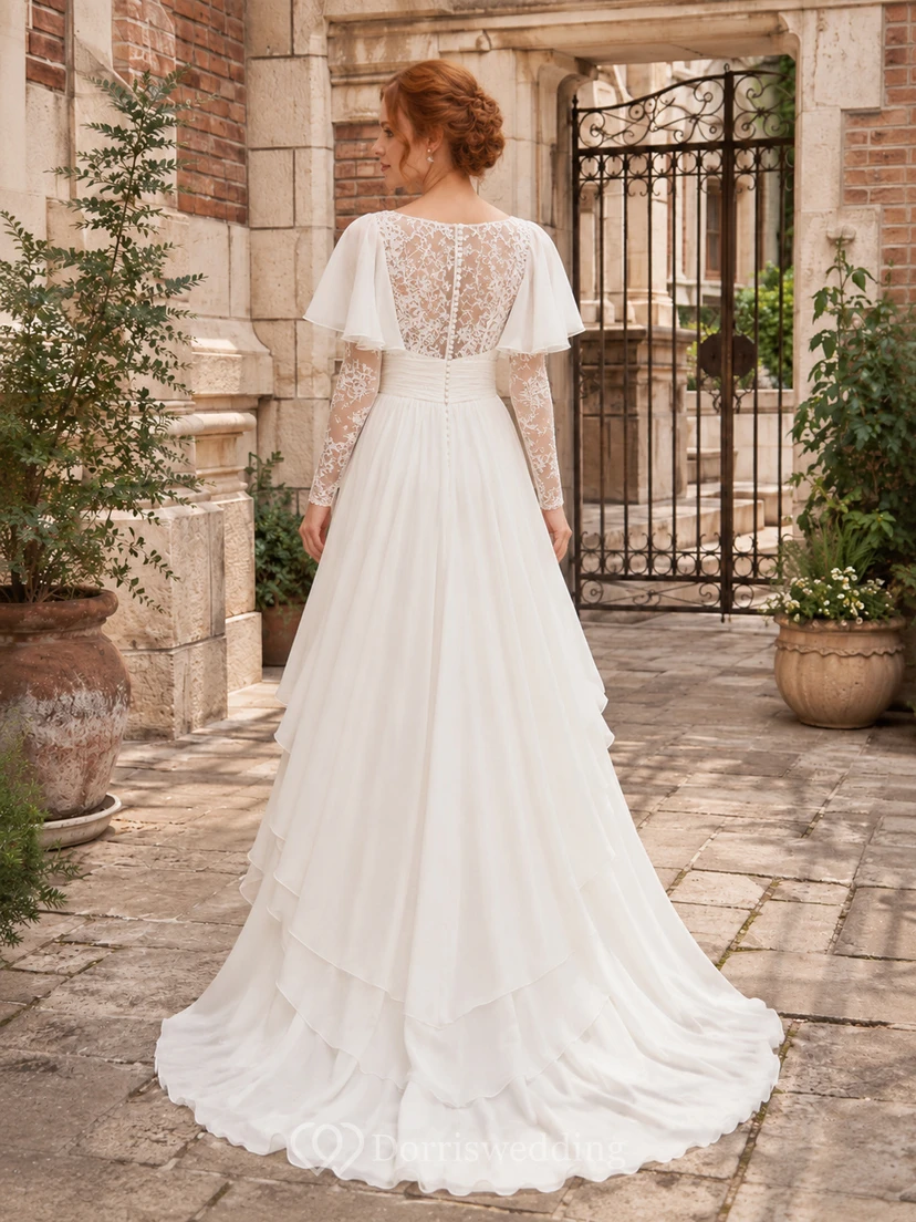 Vestido de novia asimétrico de encaje con mangas de volantes view 2