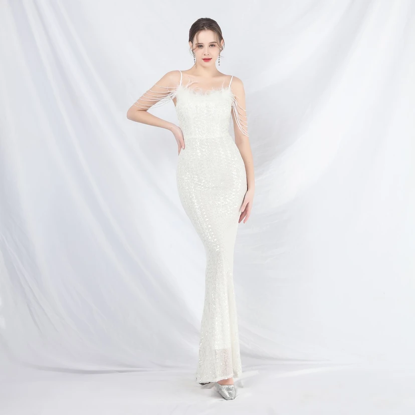 Craft Beaded Ostrich Feather Fantasy Sequined Long Evening Dress view 56