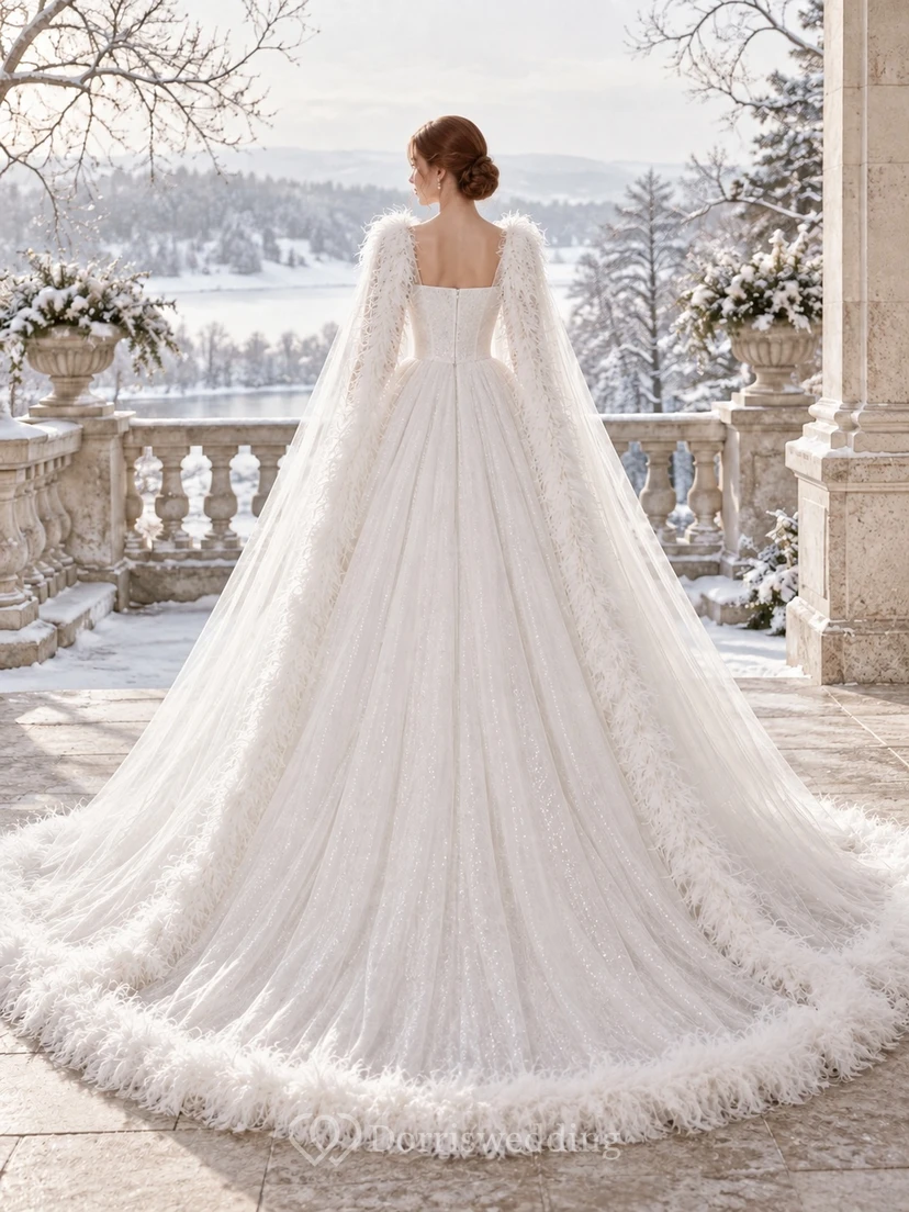 Vestido de novia de gala con cuello cuadrado, tul brillante y ribete de plumas, estilo invierno. view 2