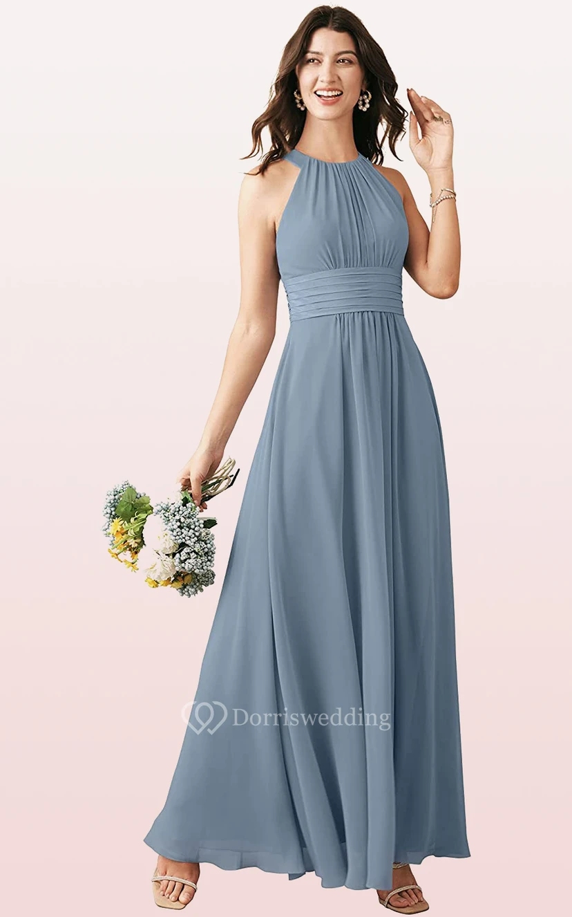 Modern Halter A Line Sleeveless Ankle-length Chiffon Bridesmaid Dress With Ruching view 12