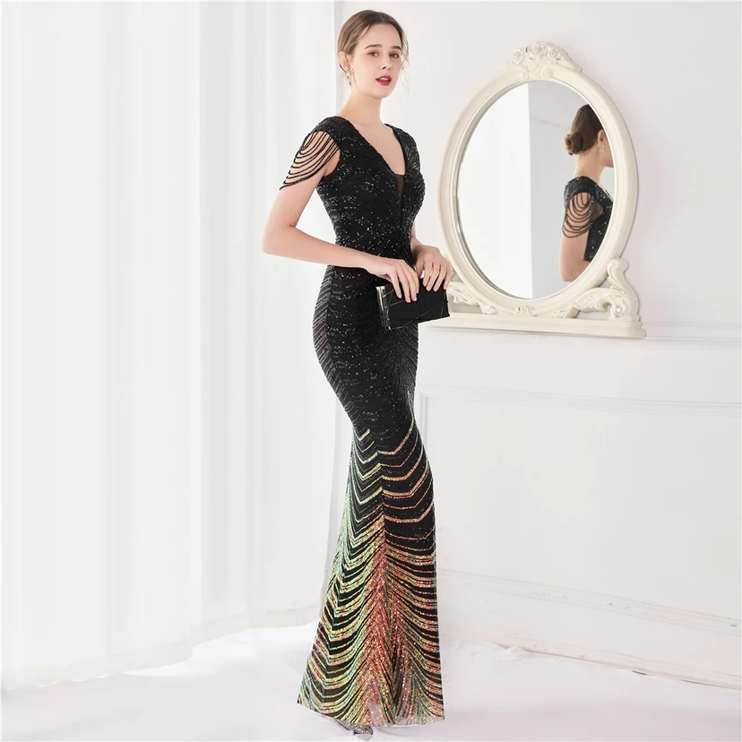 Paillettenbesetztes, handwerklich perfekt gefertigtes, perlenbesetztes Party-Abendkleid – sexy langes Kleid für die Braut view 59