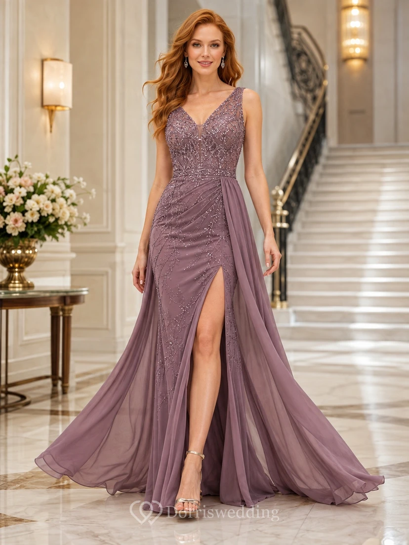 Mauvefarbenes, ärmelloses Etuikleid aus Chiffon und Tüll mit V-Ausschnitt und Schleppe, Schlitz, Abendkleid