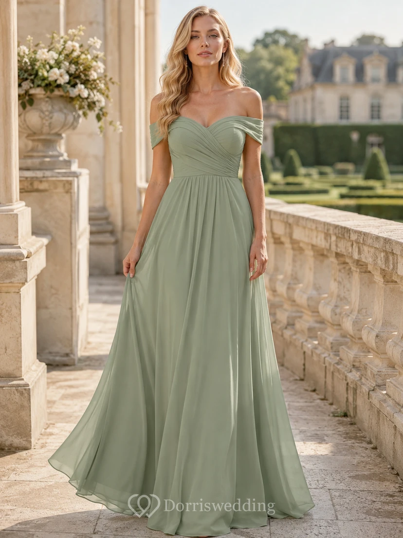 Estate Formal Sage Romantic Elegant A-Line Chiffon Bridesmaid Dress with Off Shoulder Sweetheart Short Sleeve Floor-Length Low Back