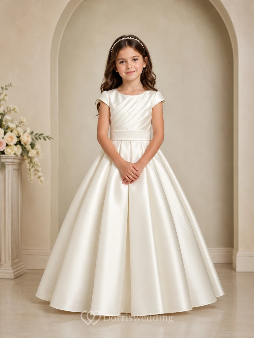 Elegant Princess Satin Ball Gown Flower Girl Floor-Length Cap Sleeve Formal Dress