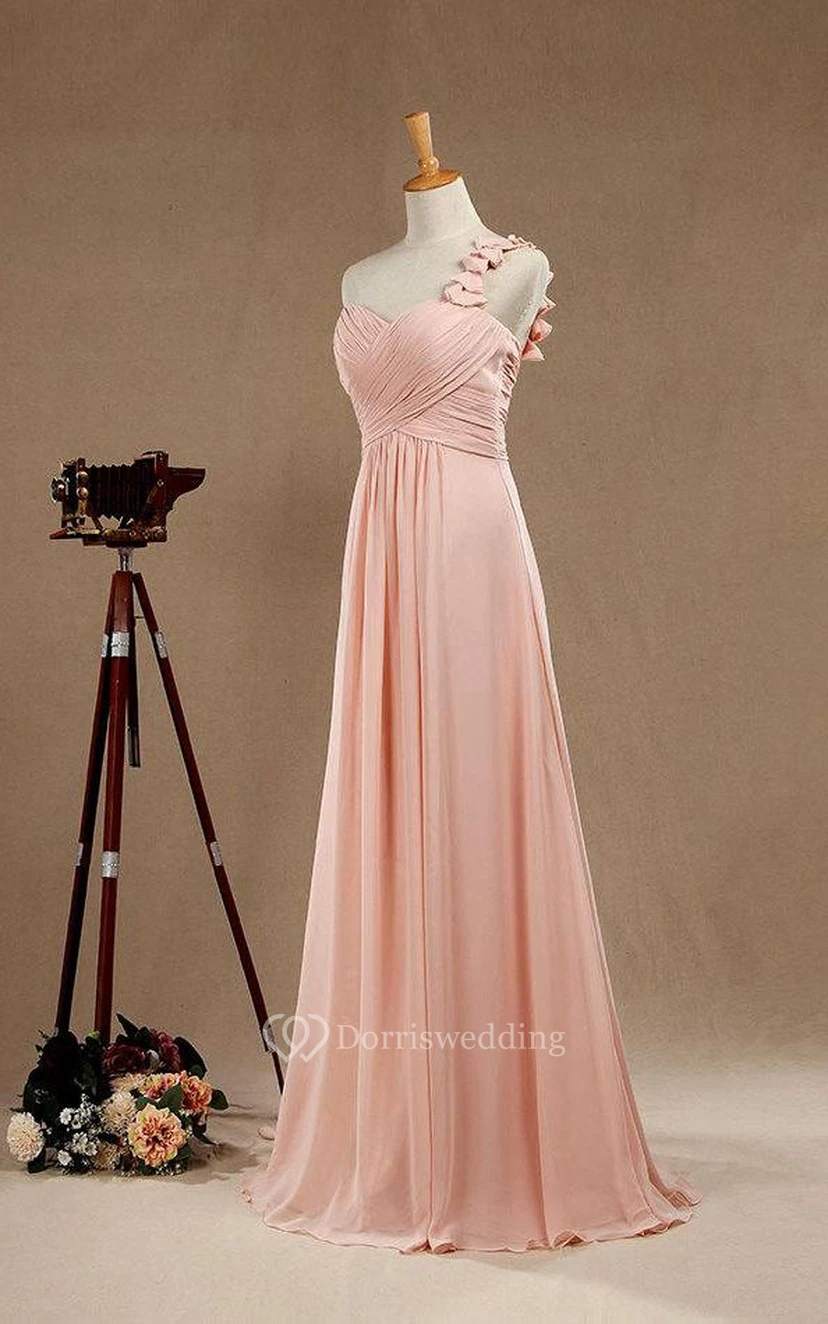 One Shoulder Ruched Top A-line Pleated Chiffon Long Dress view 3