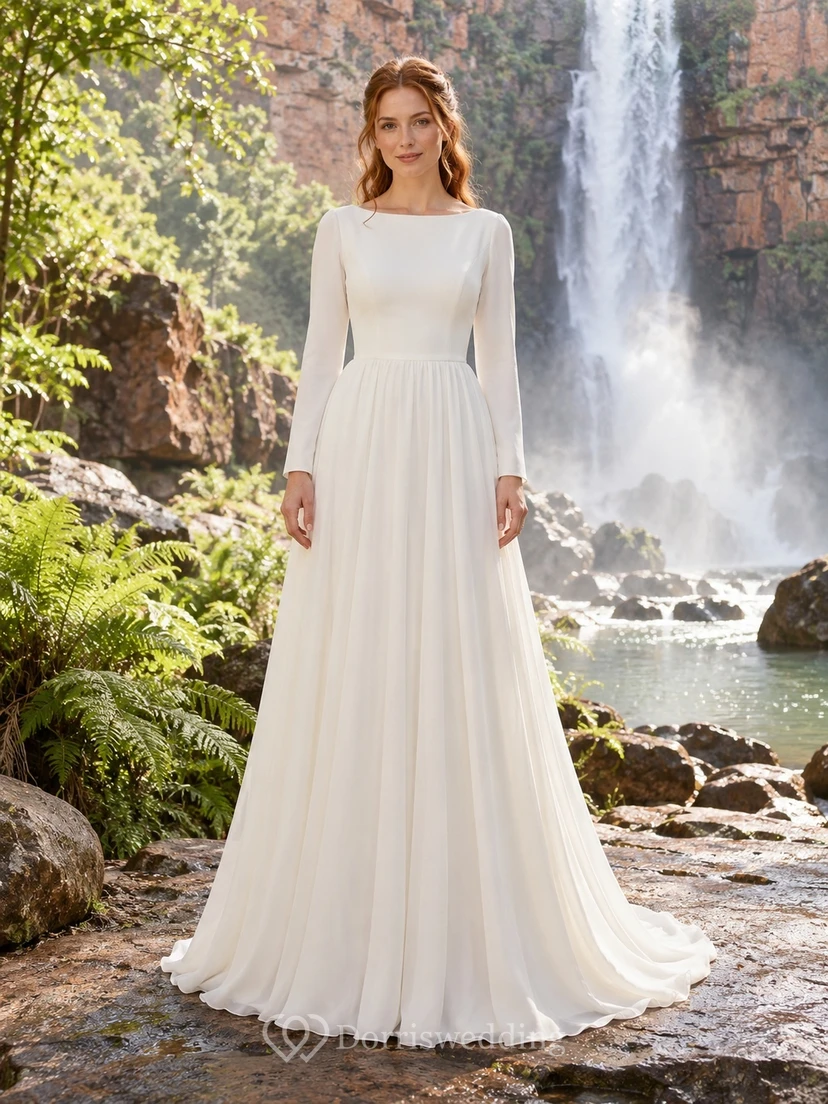 Simple Bateau Long Sleeve Plain A-Line Sweep Train Wedding Dress