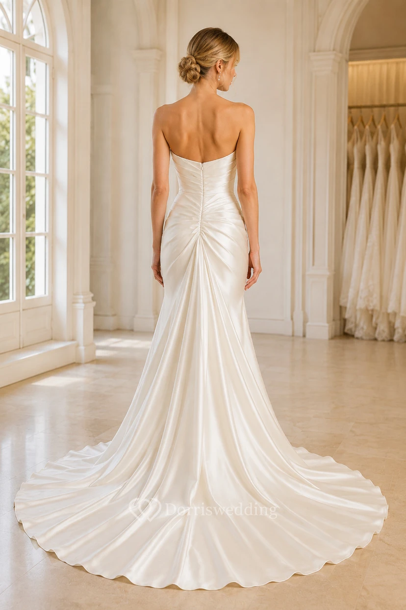 Satin Wedding Dress Mermaid Strapless Sweetheart Sweep Train Bridal Gown view 2