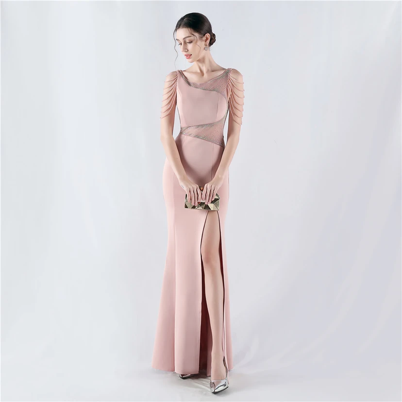 Heavy Hot Diamonds For Transparent Mesh High-Slit Satin Evening Dress Annual Meeting Wedding view 55