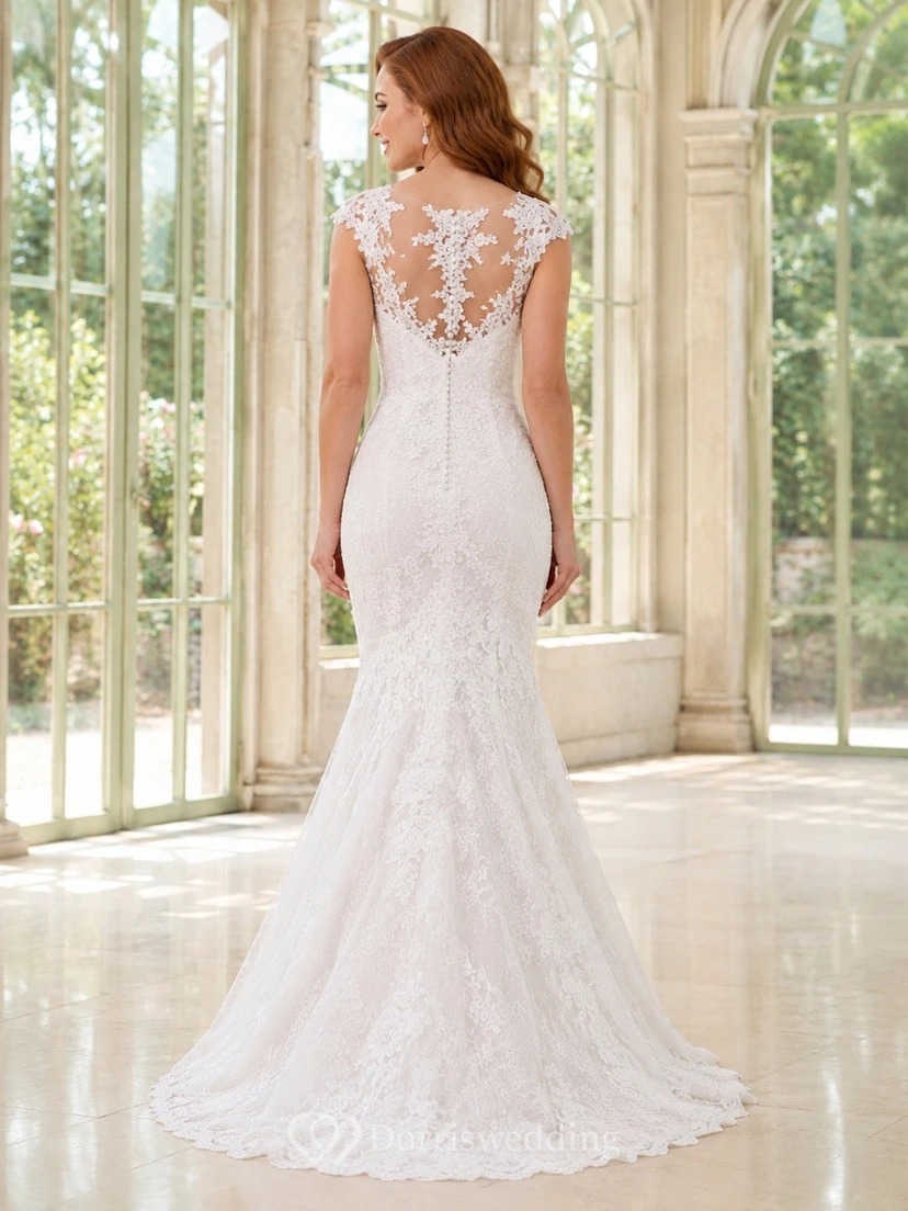 Meerjungfrauen-Brautkleid mit tiefem V-Ausschnitt, Spitzenrücken und Kapellenschleppe – romantisches Hochzeitskleid view 2